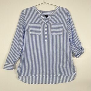 Talbots Blouse Womens Large Blue Stripe Metallic Henley Tunic Top Roll Tab Cotto